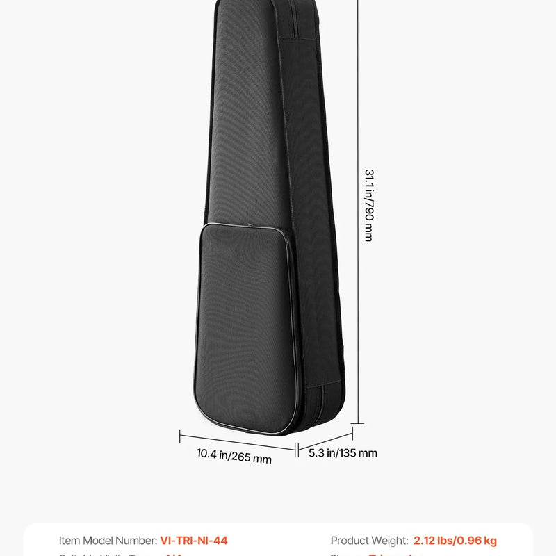 VEVOR 4/4 pilna izmēra vijoļu futrālis, ūdensizturīgs neilona pārvalks, viegls un pārnēsājams ceļojumu mais, ar mīkstu oderi, divām plecu siksnām un pret skrāpējumiem noturīgu apdari, profesionāls trīsstūra formas dizains, vijolei, melnā krāsā