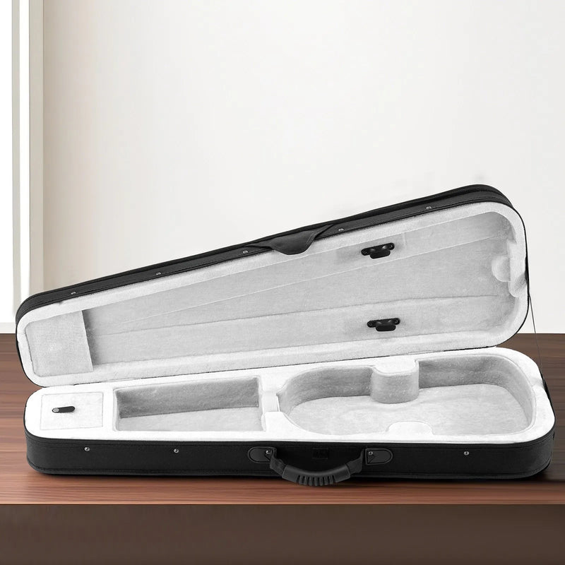 VEVOR 4/4 pilna izmēra vijoļu futrālis, ūdensizturīgs neilona pārvalks, viegls un pārnēsājams ceļojumu mais, ar mīkstu oderi, divām plecu siksnām un pret skrāpējumiem noturīgu apdari, profesionāls trīsstūra formas dizains, vijolei, melnā krāsā