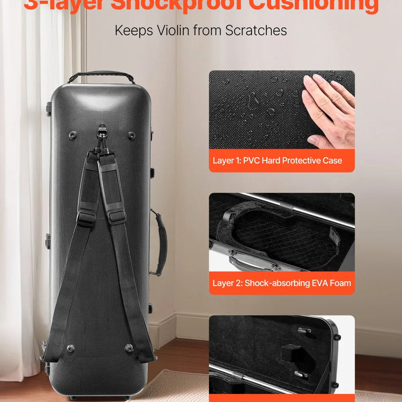 VEVOR 4/4 vijoles soma, pārnēsājama kompozīta oglekļa šķiedras kaste, melna