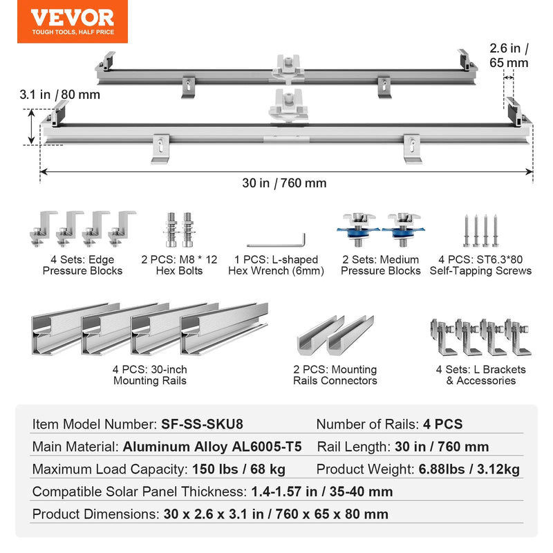 VEVOR saules paneļu montāžas kronšteinu komplekts ar 4 × 762 mm alumīnija sliedēm, 4 gala skavām un 2 vidējām skavām, paredzēts metāla, betona, koka un dakstiņu jumtiem