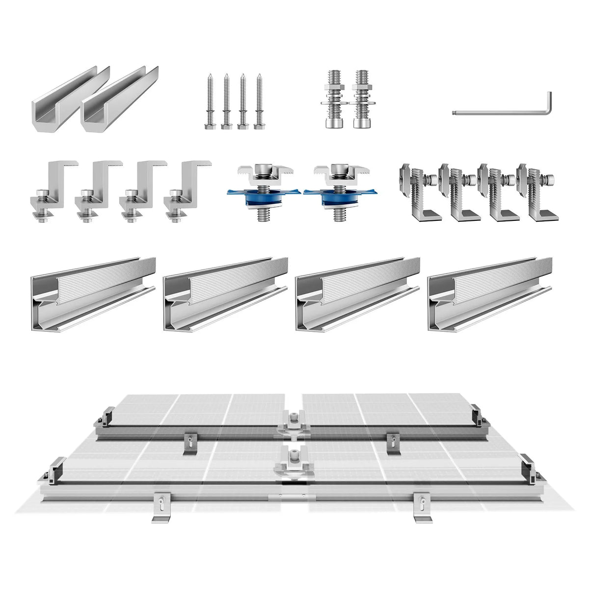 VEVOR Solar Panel Mounting Bracket Kit with 4 × 762 mm Aluminium Rails, 4 End Clamps and 2 Mid Clamps, for Metal, Concrete, Wood and Tile Roofs