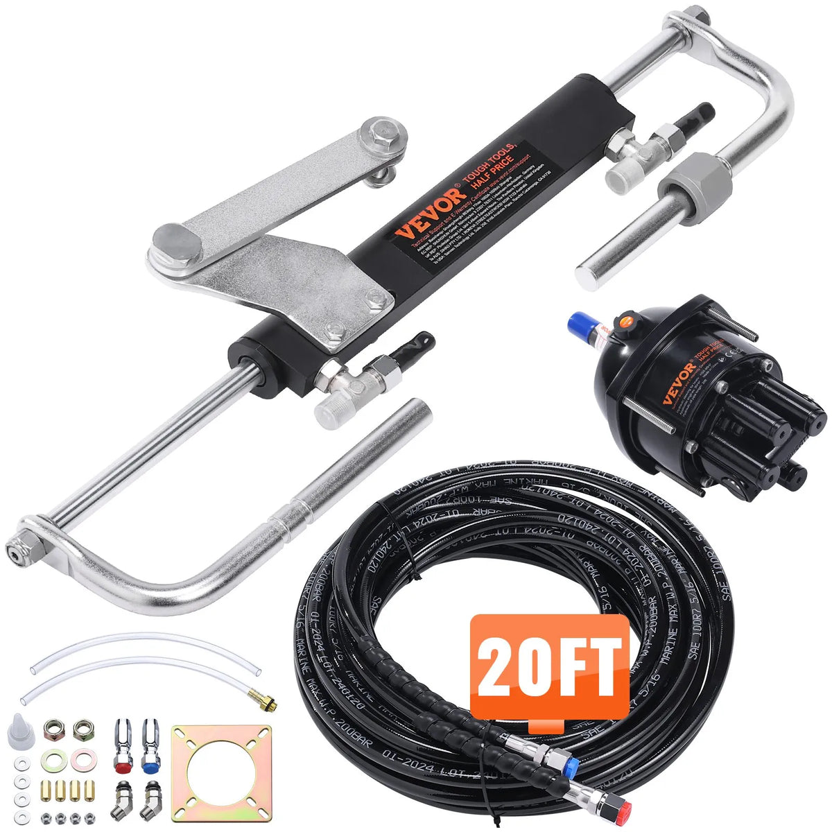 Hydraulic Steering System for Boat, 90 HP, with Pump, Dual-Action Cylinder and 6.1 m Hose