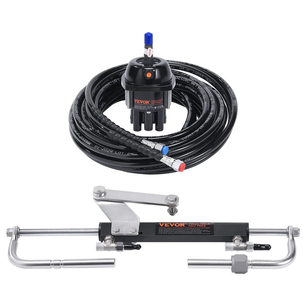 Hydraulic Steering System for Boat, 90 HP, with Pump, Dual-Action Cylinder and 6.1 m Hose