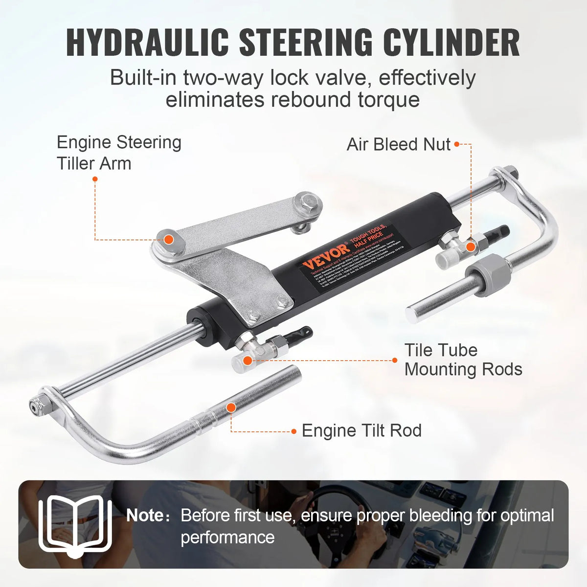 Hydraulic Steering System for Boat, 90 HP, with Pump, Dual-Action Cylinder and 6.1 m Hose