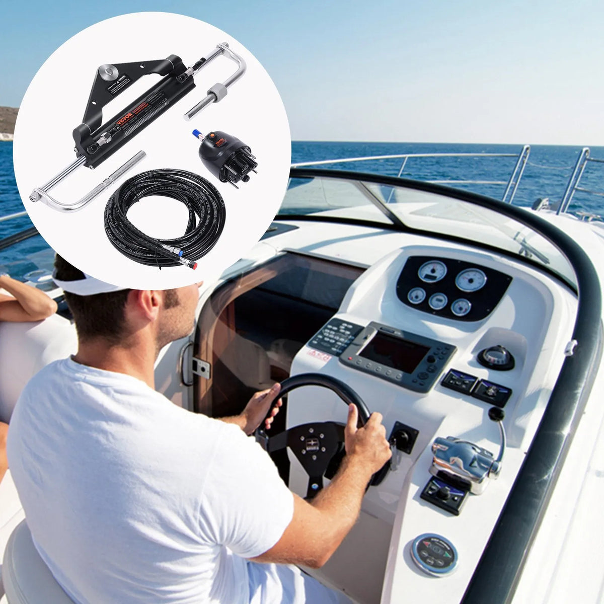 Hydraulic steering system for boat, 150 HP, with pump, dual-action cylinder and 7.9 m hose
