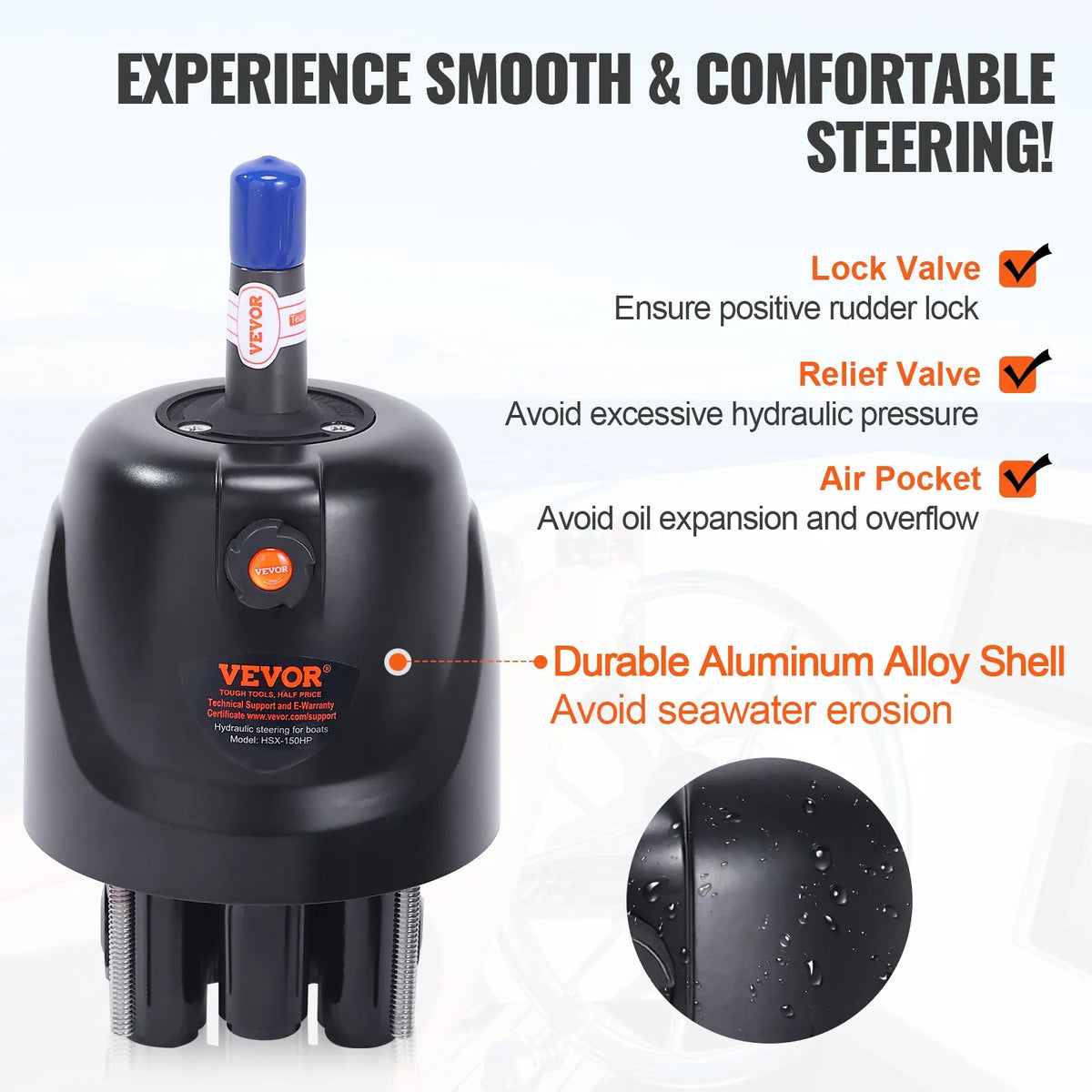 Hydraulic Steering System for Boat, 150 HP, with Pump, Dual-Action Cylinder and 7.3 m Hose