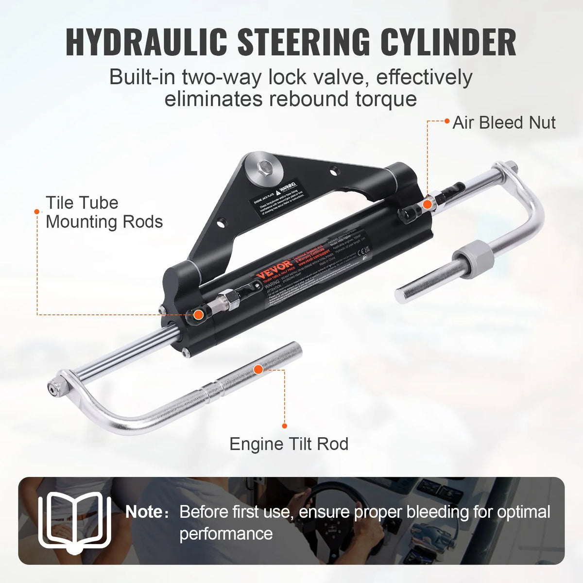 Hydraulic Steering System for Boat, 150 HP, with Pump, Dual-Action Cylinder and 7.3 m Hose