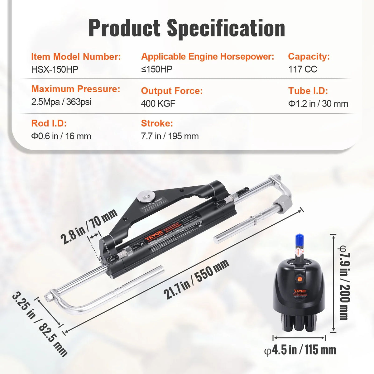 Hydraulic Steering System for Boat, 150 HP, with Pump, Dual-Action Cylinder and 7.3 m Hose