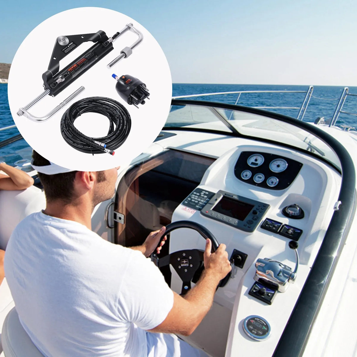 Hydraulic Steering System for Boat, 150 HP, with Pump, Dual-Action Cylinder and 7.3 m Hose