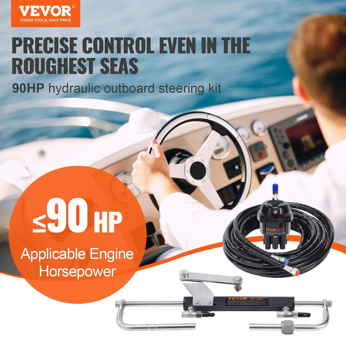 Hydraulic Steering System for Boat, 90 HP, with Pump, Dual-Action Cylinder and 7.3 m Hose