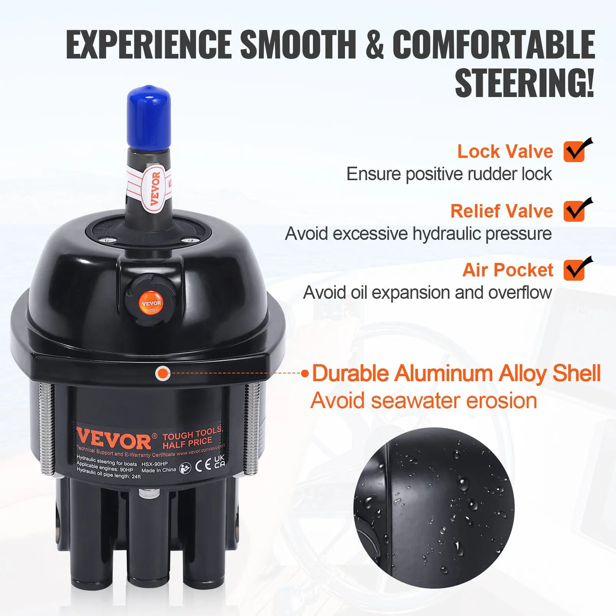 Hydraulic Steering System for Boat, 90 HP, with Pump, Dual-Action Cylinder and 7.3 m Hose
