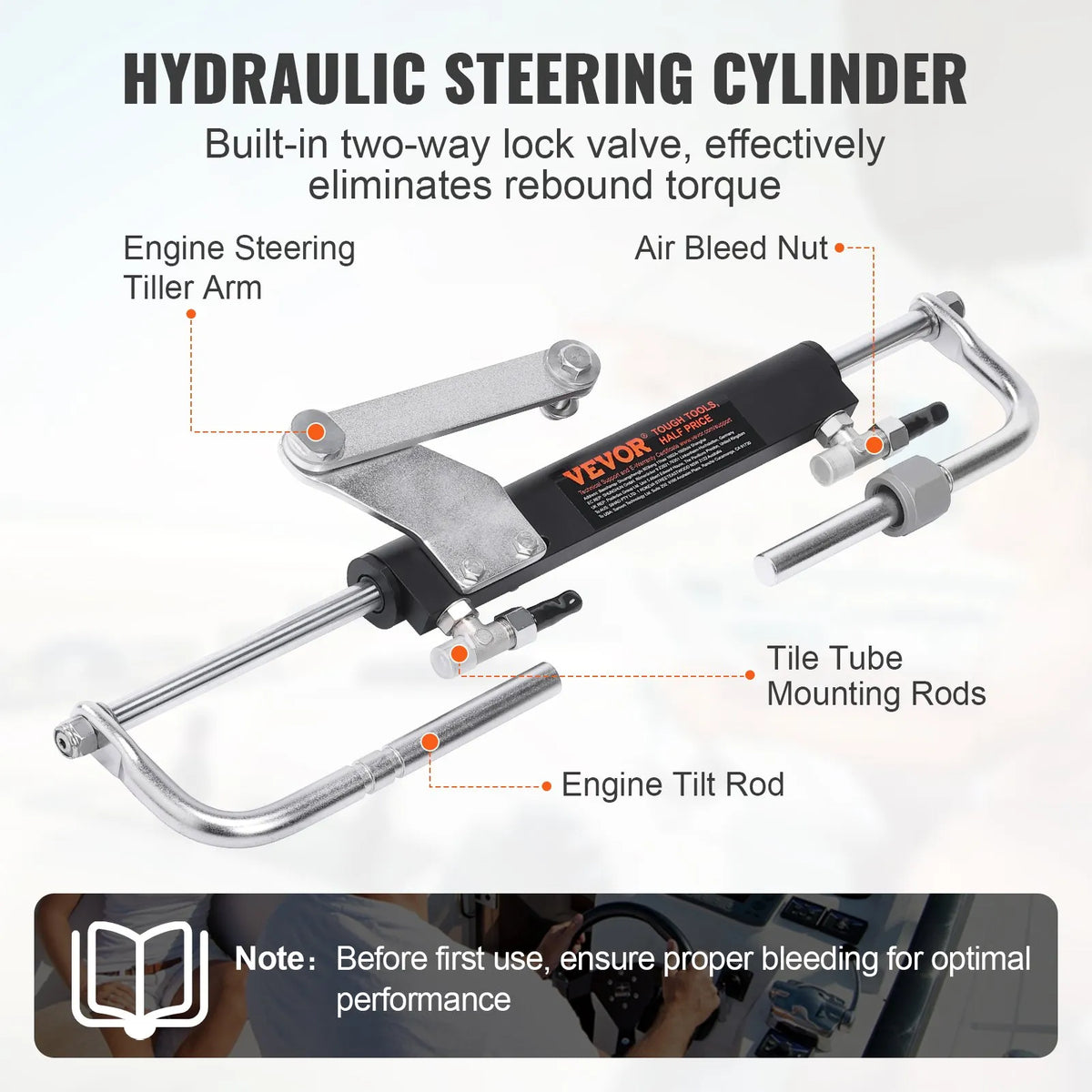 Hydraulic Steering System for Boat, 90 HP, with Pump, Dual-Action Cylinder and 7.3 m Hose