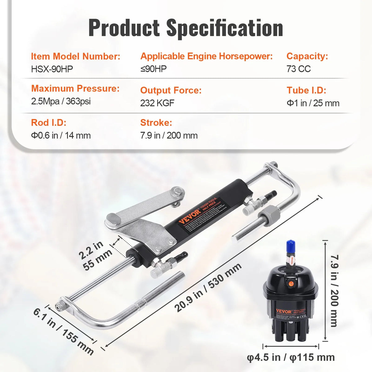 Hydraulic Steering System for Boat, 90 HP, with Pump, Dual-Action Cylinder and 7.3 m Hose