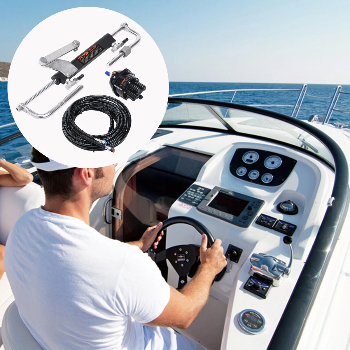 Hydraulic Steering System for Boat, 90 HP, with Pump, Dual-Action Cylinder and 7.3 m Hose