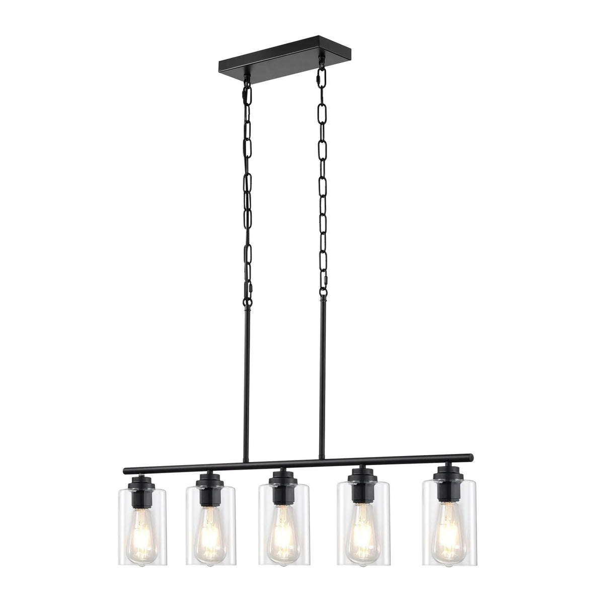 Linear ceiling light, 5 lamps, 60 W, adjustable height, glass shades, metal, E27