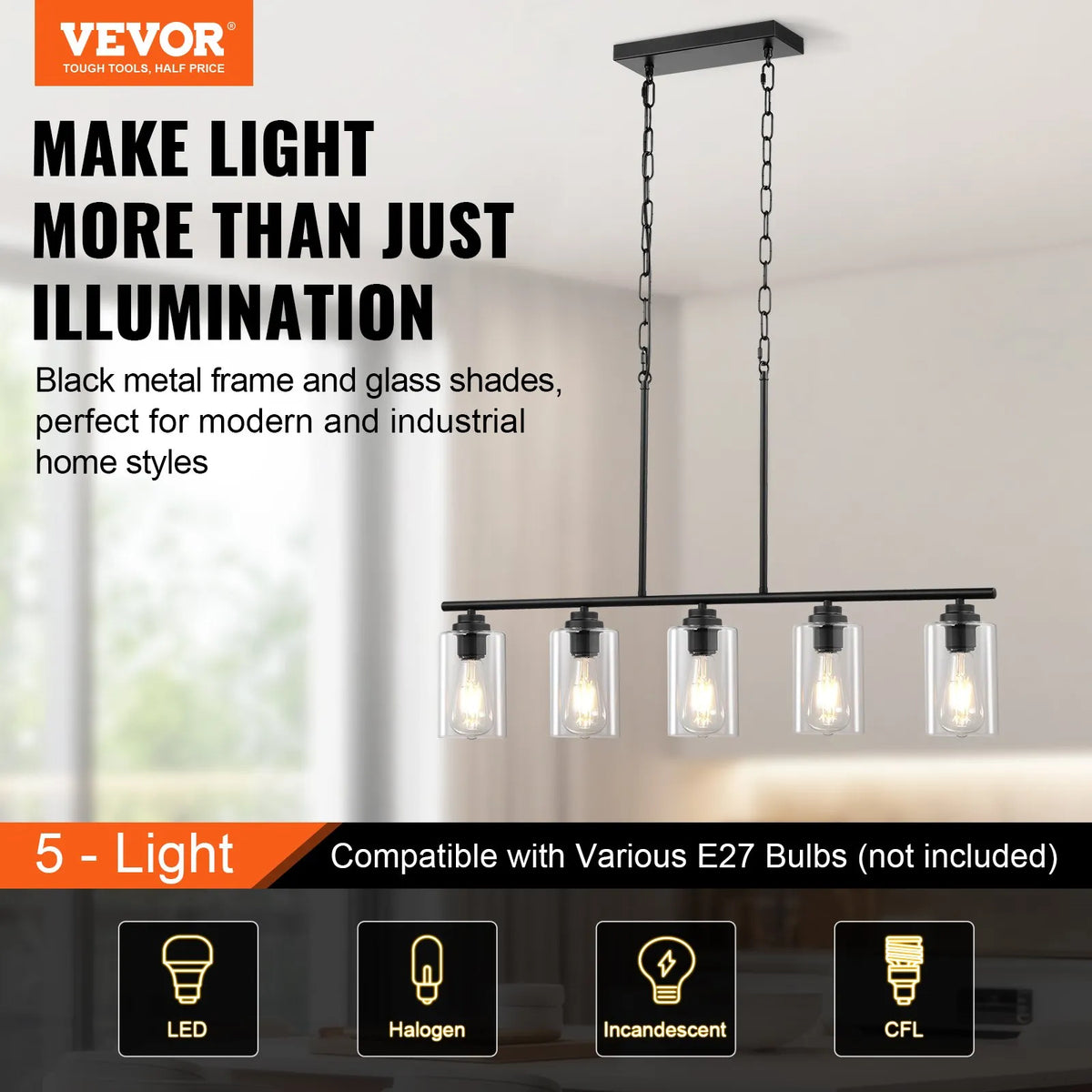 Linear ceiling light, 5 lamps, 60 W, adjustable height, glass shades, metal, E27