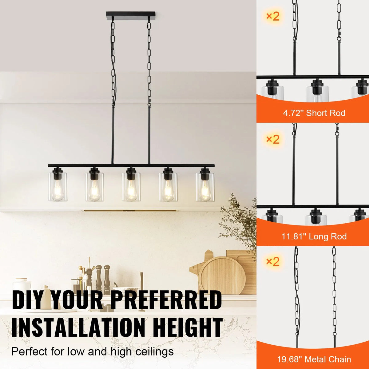 Linear ceiling light, 5 lamps, 60 W, adjustable height, glass shades, metal, E27