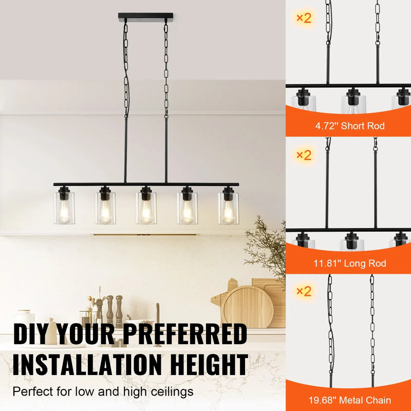 Lineārā lustra, 5 lampas, 60 W, regulējams augstums, stikla plafoni, metāls, E27