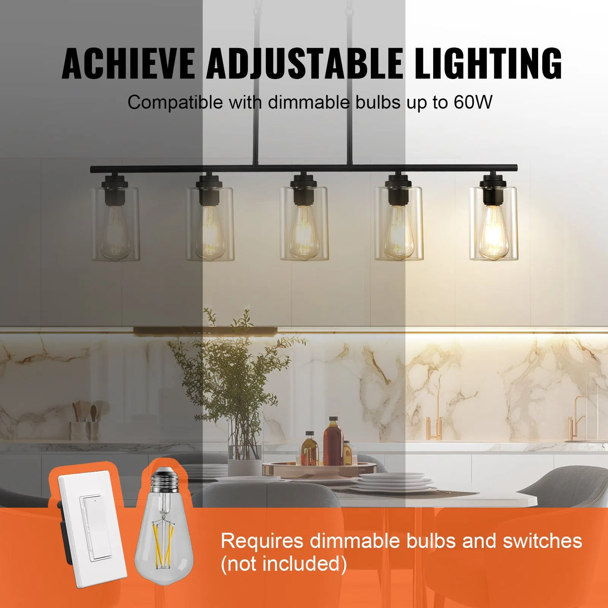 Linear ceiling light, 5 lamps, 60 W, adjustable height, glass shades, metal, E27