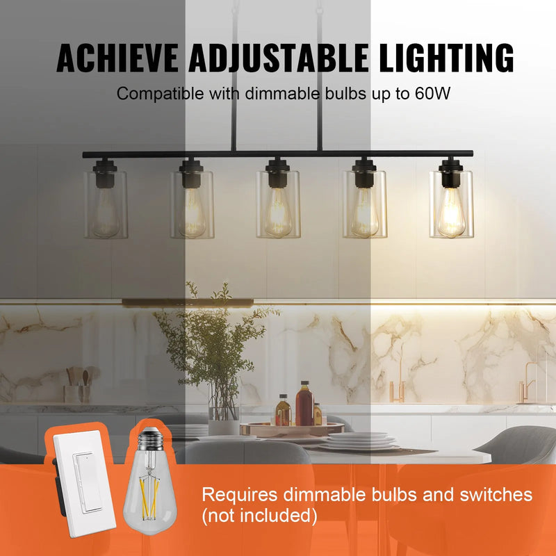 Lineārā lustra, 5 lampas, 60 W, regulējams augstums, stikla plafoni, metāls, E27