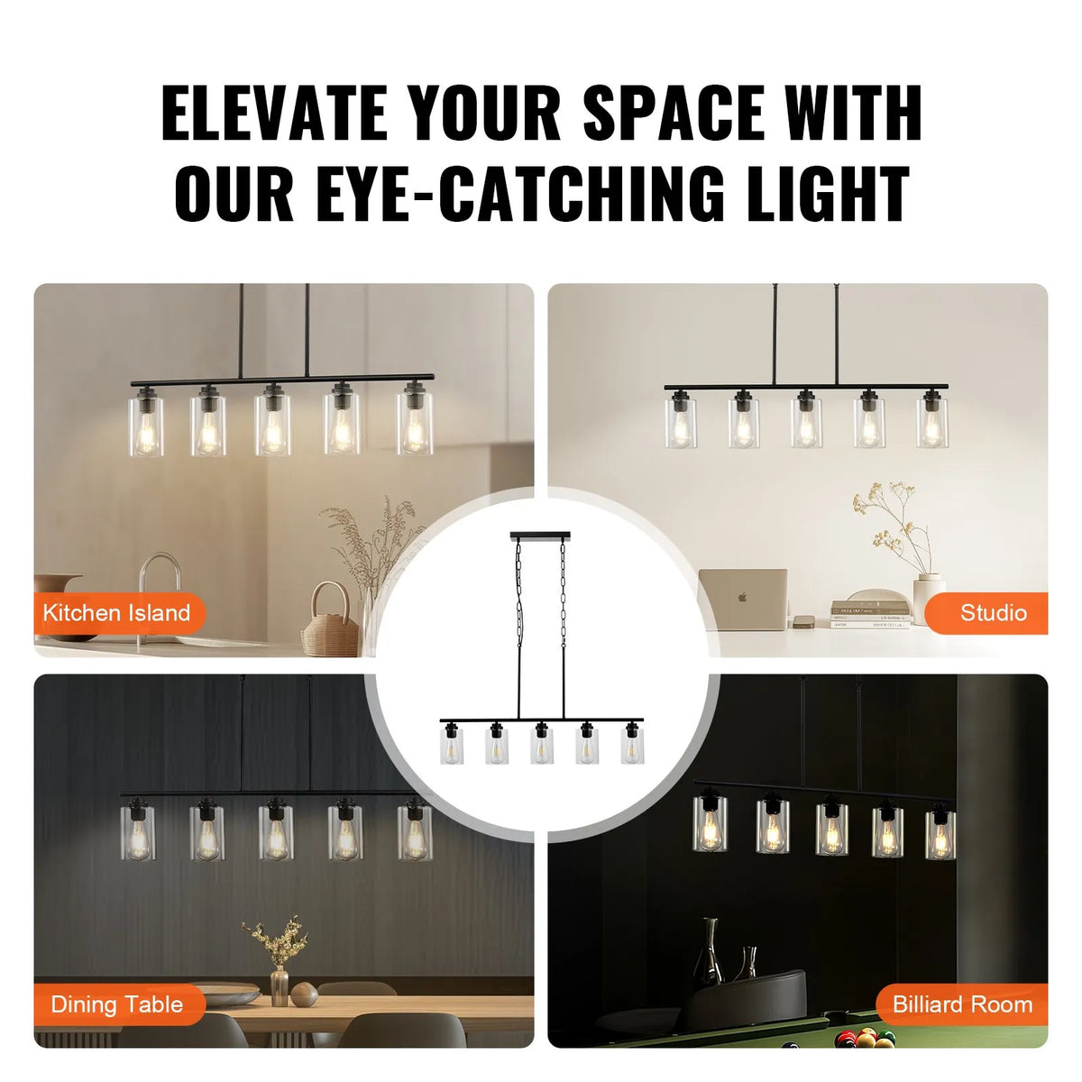 Linear ceiling light, 5 lamps, 60 W, adjustable height, glass shades, metal, E27