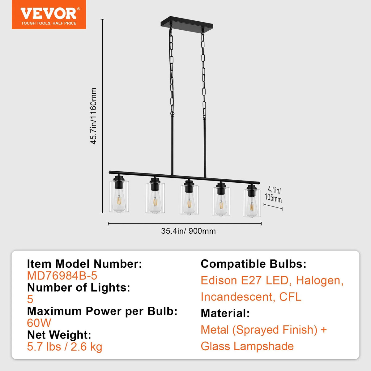 Linear ceiling light, 5 lamps, 60 W, adjustable height, glass shades, metal, E27
