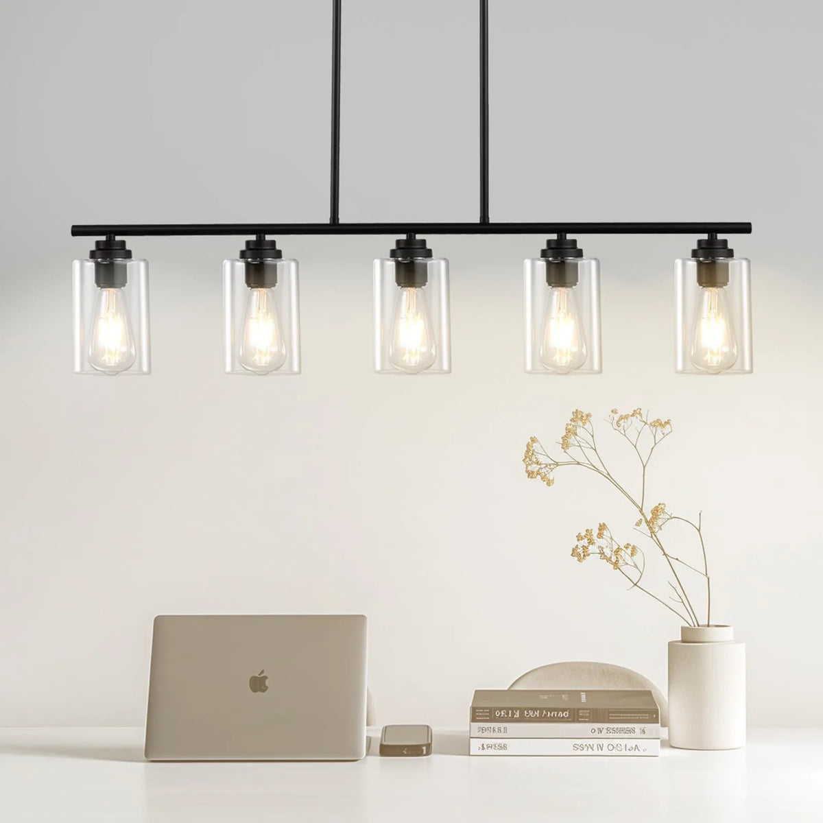 Linear ceiling light, 5 lamps, 60 W, adjustable height, glass shades, metal, E27