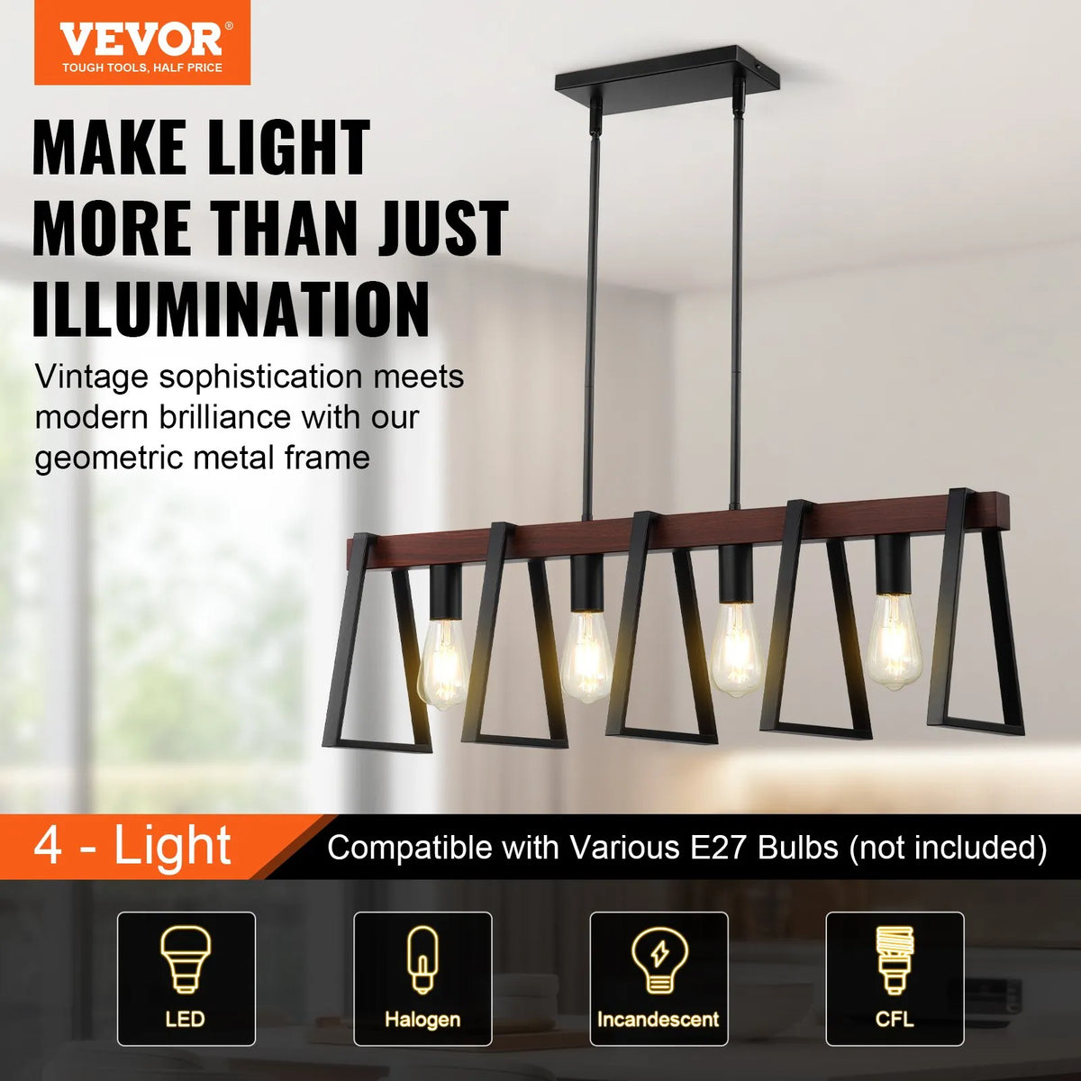 4-Light Kitchen Island Pendant Lamp, 60 W, Adjustable Dining Room Lighting with 2 x 152 mm and 6 x 305 mm Rods, Industrial Metal Frame Linear Chandelier Lighting for Dining Room, E27