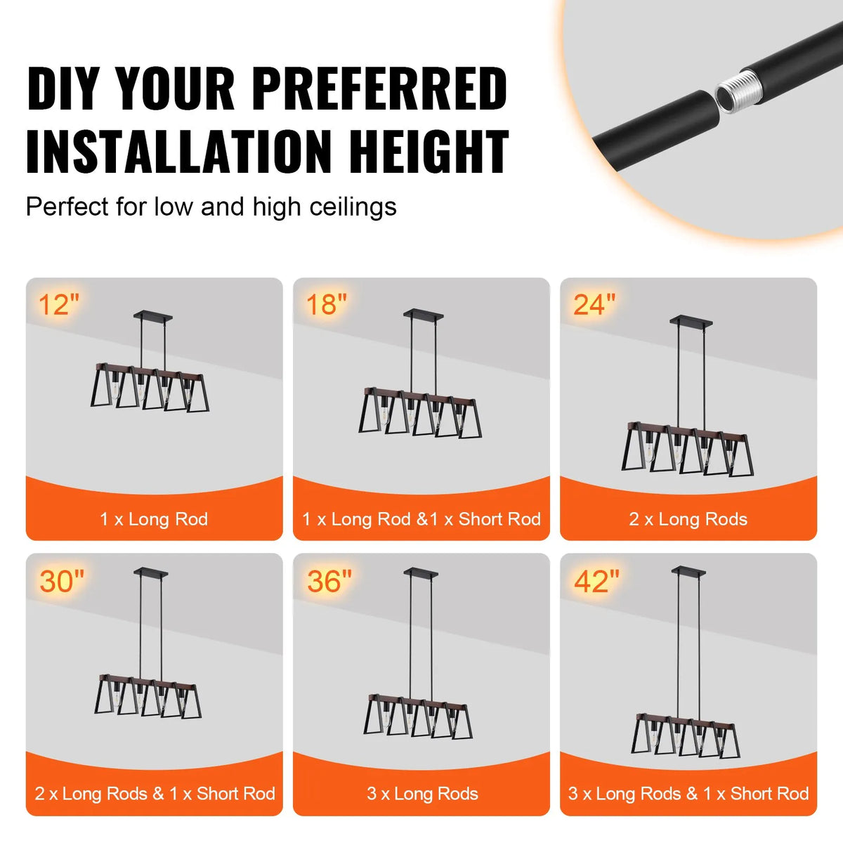 4-Light Kitchen Island Pendant Lamp, 60 W, Adjustable Dining Room Lighting with 2 x 152 mm and 6 x 305 mm Rods, Industrial Metal Frame Linear Chandelier Lighting for Dining Room, E27