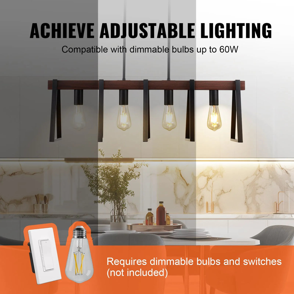 4-Light Kitchen Island Pendant Lamp, 60 W, Adjustable Dining Room Lighting with 2 x 152 mm and 6 x 305 mm Rods, Industrial Metal Frame Linear Chandelier Lighting for Dining Room, E27