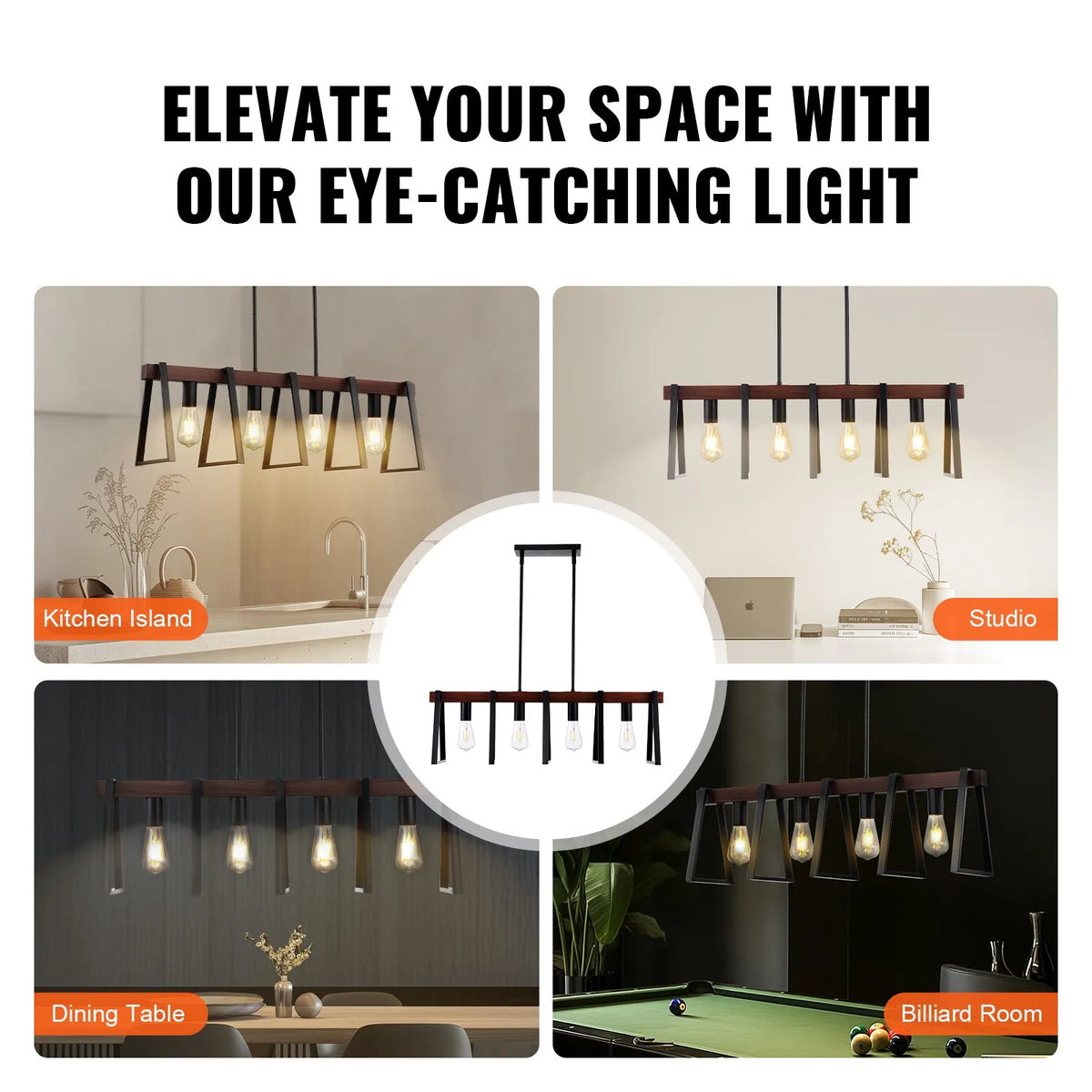 4-Light Kitchen Island Pendant Lamp, 60 W, Adjustable Dining Room Lighting with 2 x 152 mm and 6 x 305 mm Rods, Industrial Metal Frame Linear Chandelier Lighting for Dining Room, E27