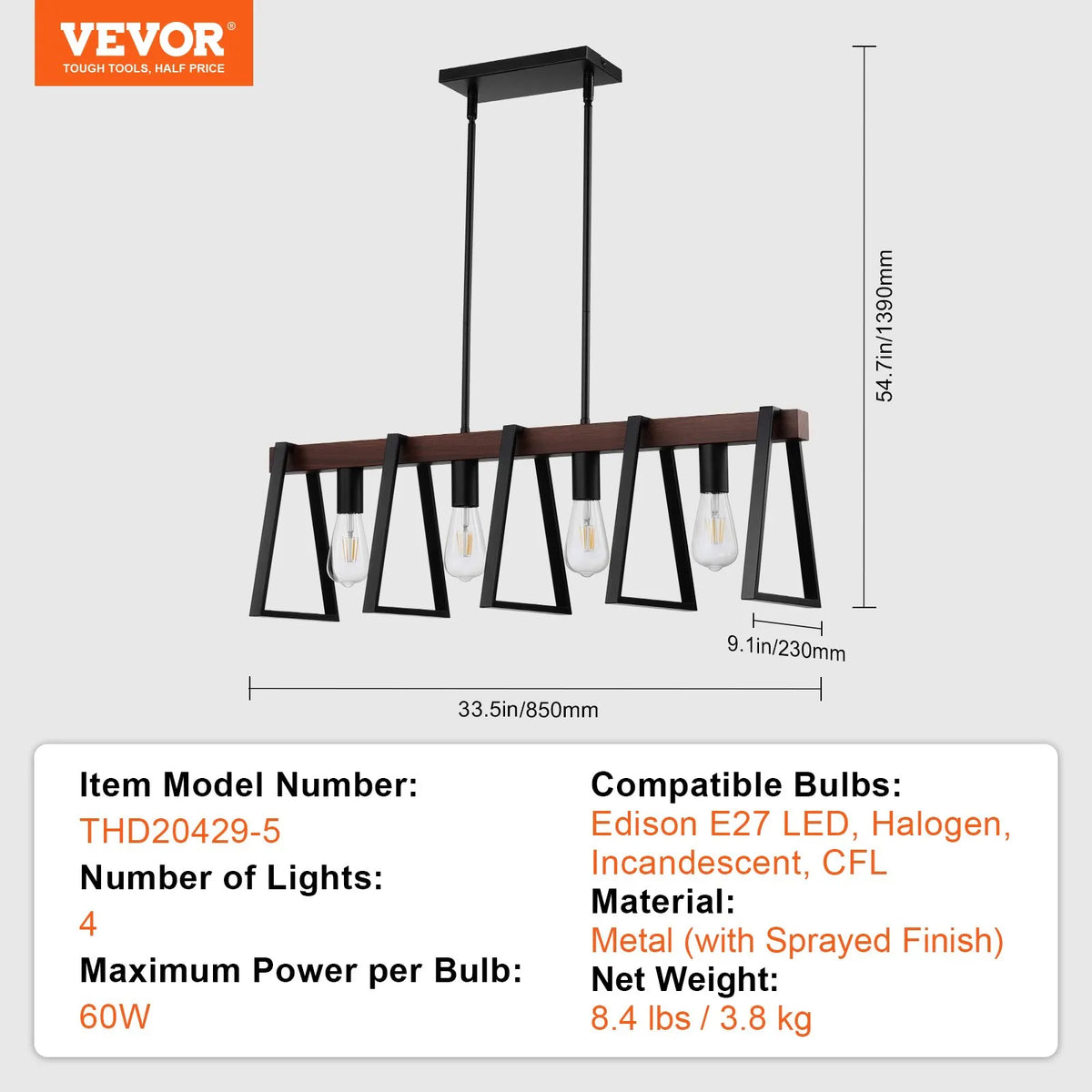 4-Light Kitchen Island Pendant Lamp, 60 W, Adjustable Dining Room Lighting with 2 x 152 mm and 6 x 305 mm Rods, Industrial Metal Frame Linear Chandelier Lighting for Dining Room, E27