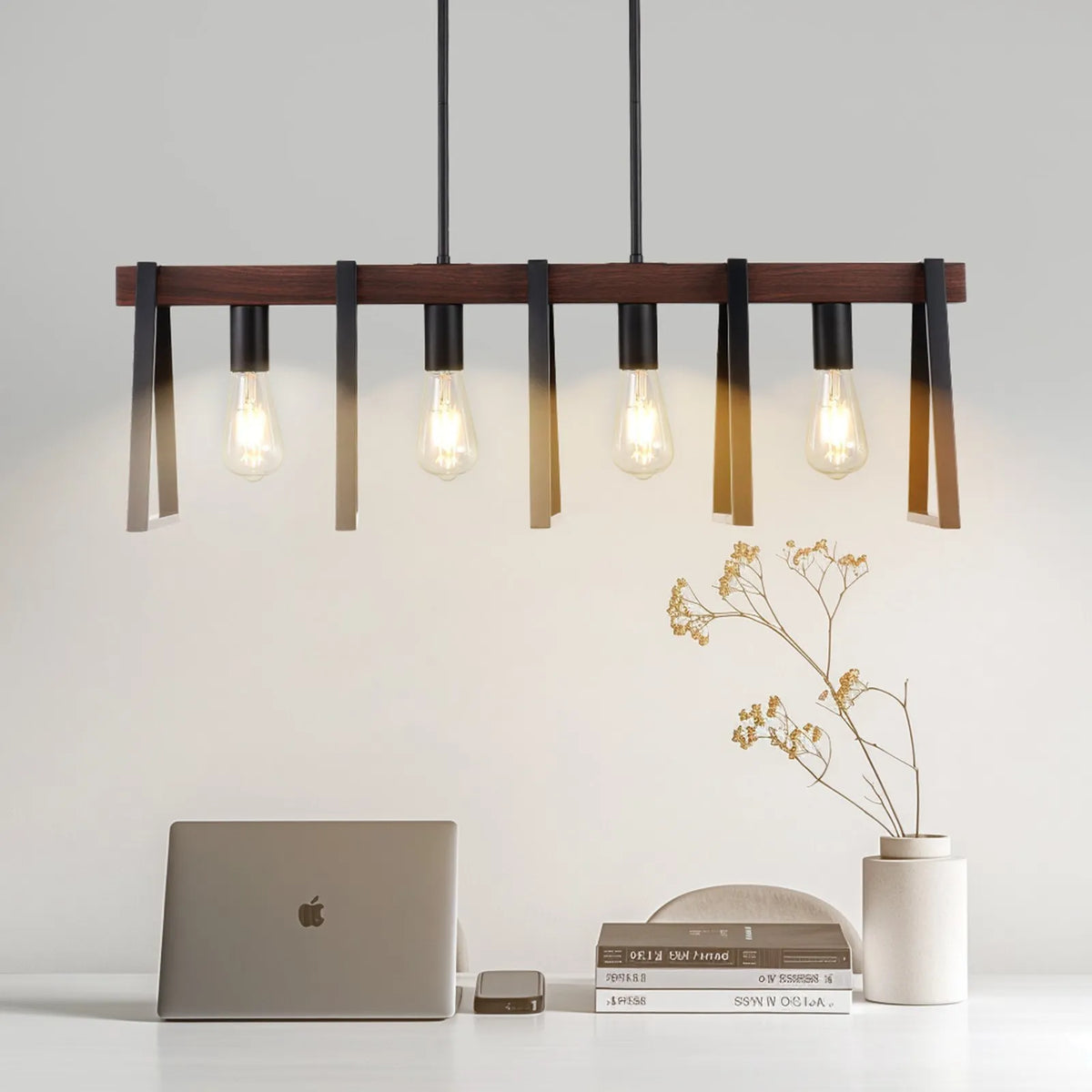 4-Light Kitchen Island Pendant Lamp, 60 W, Adjustable Dining Room Lighting with 2 x 152 mm and 6 x 305 mm Rods, Industrial Metal Frame Linear Chandelier Lighting for Dining Room, E27