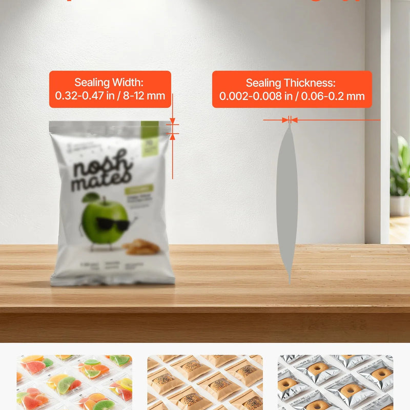 VEVOR nepārtrauktās aizzīmogošanas iekārta, automātiska lentes tipa siltuma blīvēšanas mašīna ar digitālu temperatūras kontroli un automātisku izslēgšanos, 8–12 mm blīvējuma platums, plastmasas maisiņiem 0,06–0,2 mm biezumā