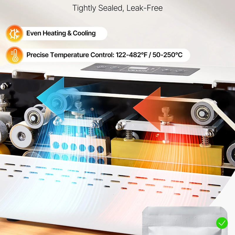 VEVOR nepārtrauktās aizzīmogošanas iekārta, automātiska lentes tipa siltuma blīvēšanas mašīna ar digitālu temperatūras kontroli un automātisku izslēgšanos, 8–12 mm blīvējuma platums, plastmasas maisiņiem 0,06–0,2 mm biezumā