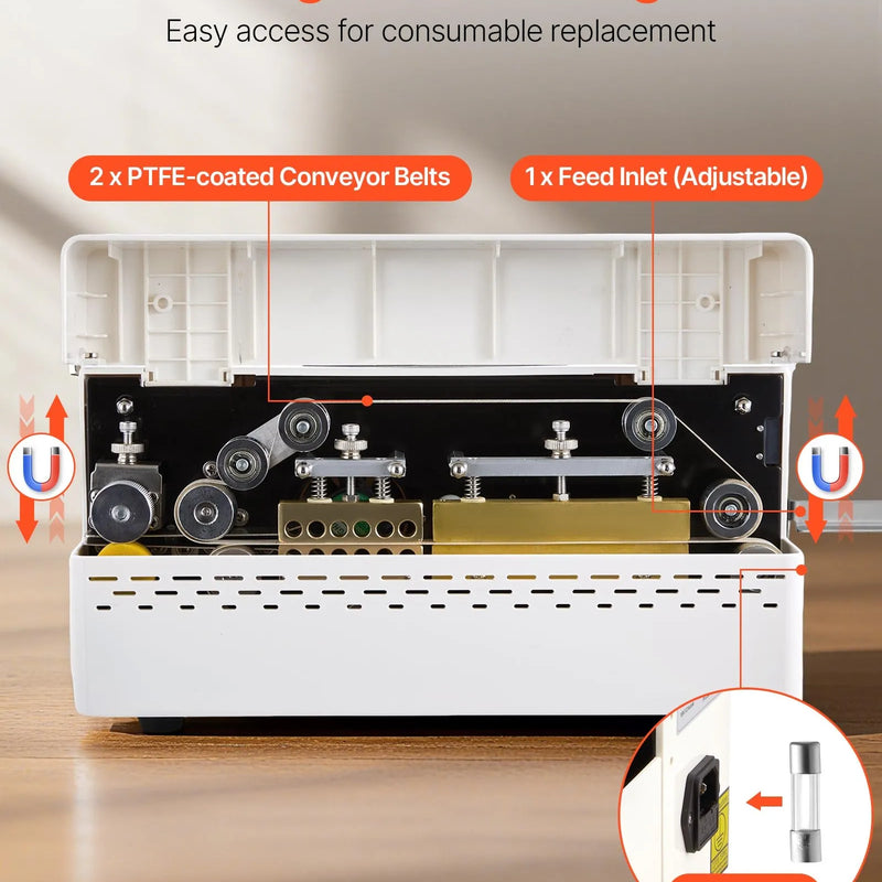 VEVOR nepārtrauktās aizzīmogošanas iekārta, automātiska lentes tipa siltuma blīvēšanas mašīna ar digitālu temperatūras kontroli un automātisku izslēgšanos, 8–12 mm blīvējuma platums, plastmasas maisiņiem 0,06–0,2 mm biezumā