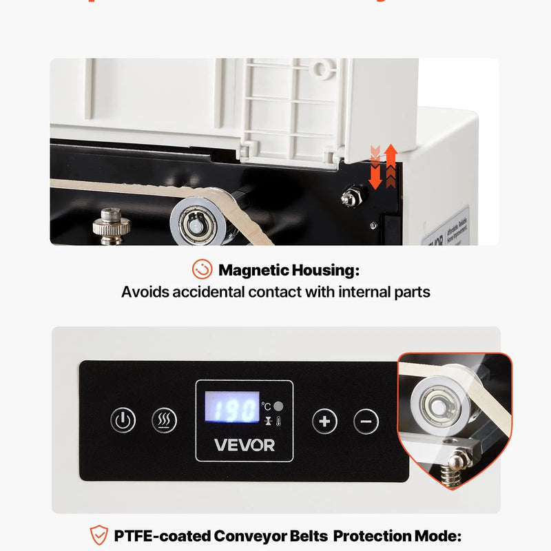 VEVOR nepārtrauktās aizzīmogošanas iekārta, automātiska lentes tipa siltuma blīvēšanas mašīna ar digitālu temperatūras kontroli un automātisku izslēgšanos, 8–12 mm blīvējuma platums, plastmasas maisiņiem 0,06–0,2 mm biezumā