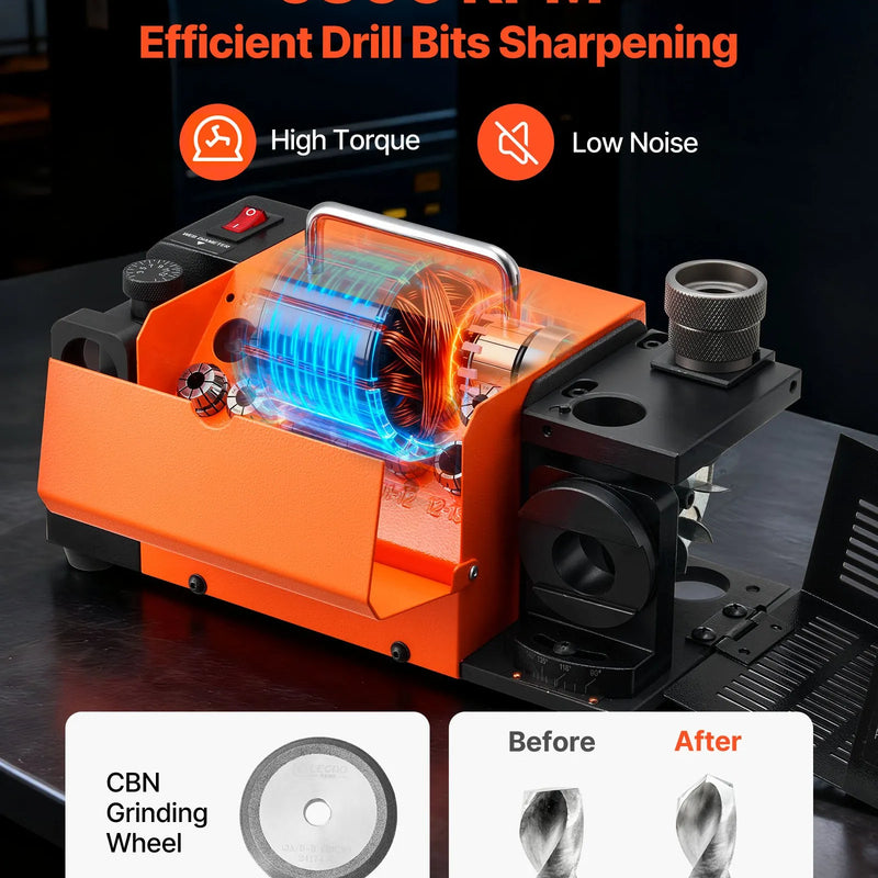 VEVOR urbju asināmais MR-13D, profesionāla 3–13 mm urbju slīpmašīna ar regulējamu atbrīvojuma leņķi, priekšējo griezējmalu un 95°–135° smailes leņķi, 4600 apgr./min pārasinātājs ar 11 patronām un CBN slīpripu