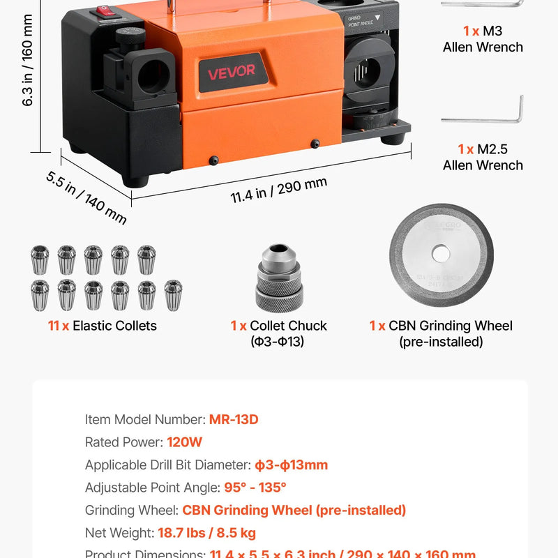 VEVOR urbju asināmais MR-13D, profesionāla 3–13 mm urbju slīpmašīna ar regulējamu atbrīvojuma leņķi, priekšējo griezējmalu un 95°–135° smailes leņķi, 4600 apgr./min pārasinātājs ar 11 patronām un CBN slīpripu