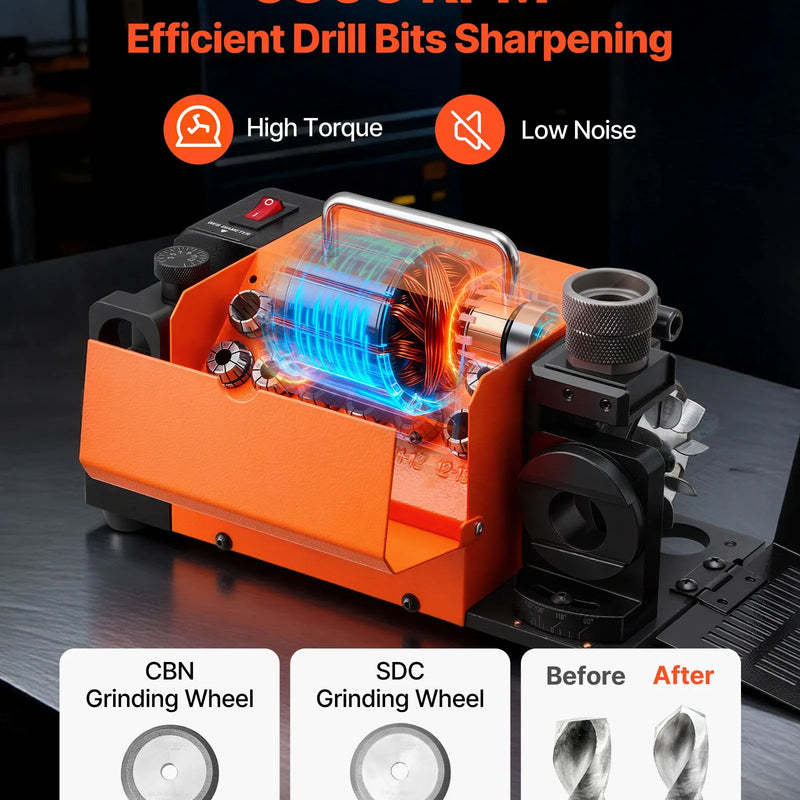 VEVOR urbju asināmais MR-13B, 3–15 mm urbju asināšanas iekārta ar regulējamu atbrīvojuma leņķi un 95°–135° smailes leņķi, 4600 apgr./min augstas veiktspējas pārasinātājs ar 13 patronām, CBN un SDC slīpripām