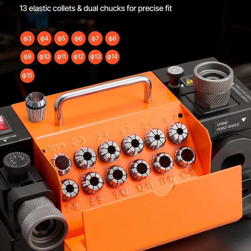 VEVOR urbju asināmais MR-13B, 3–15 mm urbju asināšanas iekārta ar regulējamu atbrīvojuma leņķi un 95°–135° smailes leņķi, 4600 apgr./min augstas veiktspējas pārasinātājs ar 13 patronām, CBN un SDC slīpripām