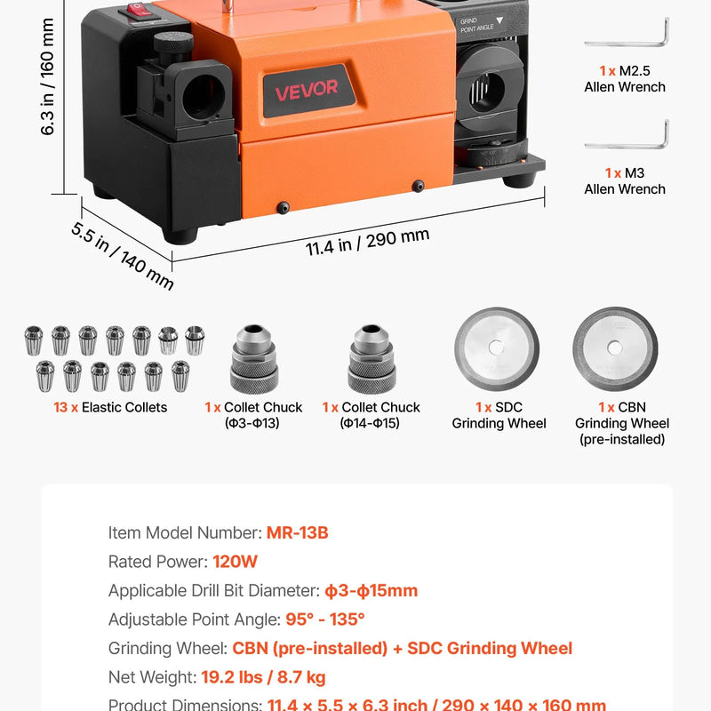 VEVOR urbju asināmais MR-13B, 3–15 mm urbju asināšanas iekārta ar regulējamu atbrīvojuma leņķi un 95°–135° smailes leņķi, 4600 apgr./min augstas veiktspējas pārasinātājs ar 13 patronām, CBN un SDC slīpripām