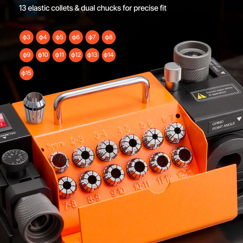 VEVOR urbju asināmais MR-13A, 3–15 mm urbju slīpmašīna ar regulējamu 95°–135° smailes leņķi, 4600 apgr./min augstas veiktspējas pārasināšanas iekārta ar 13 patronām un CBN slīpripu darbnīcām un garāžām