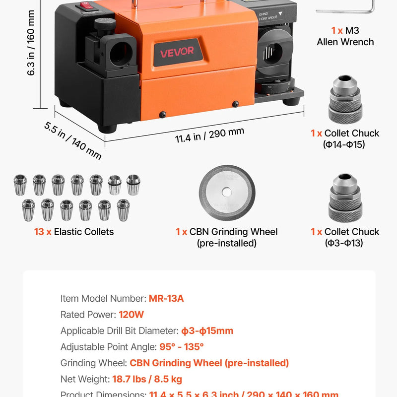 VEVOR urbju asināmais MR-13A, 3–15 mm urbju slīpmašīna ar regulējamu 95°–135° smailes leņķi, 4600 apgr./min augstas veiktspējas pārasināšanas iekārta ar 13 patronām un CBN slīpripu darbnīcām un garāžām