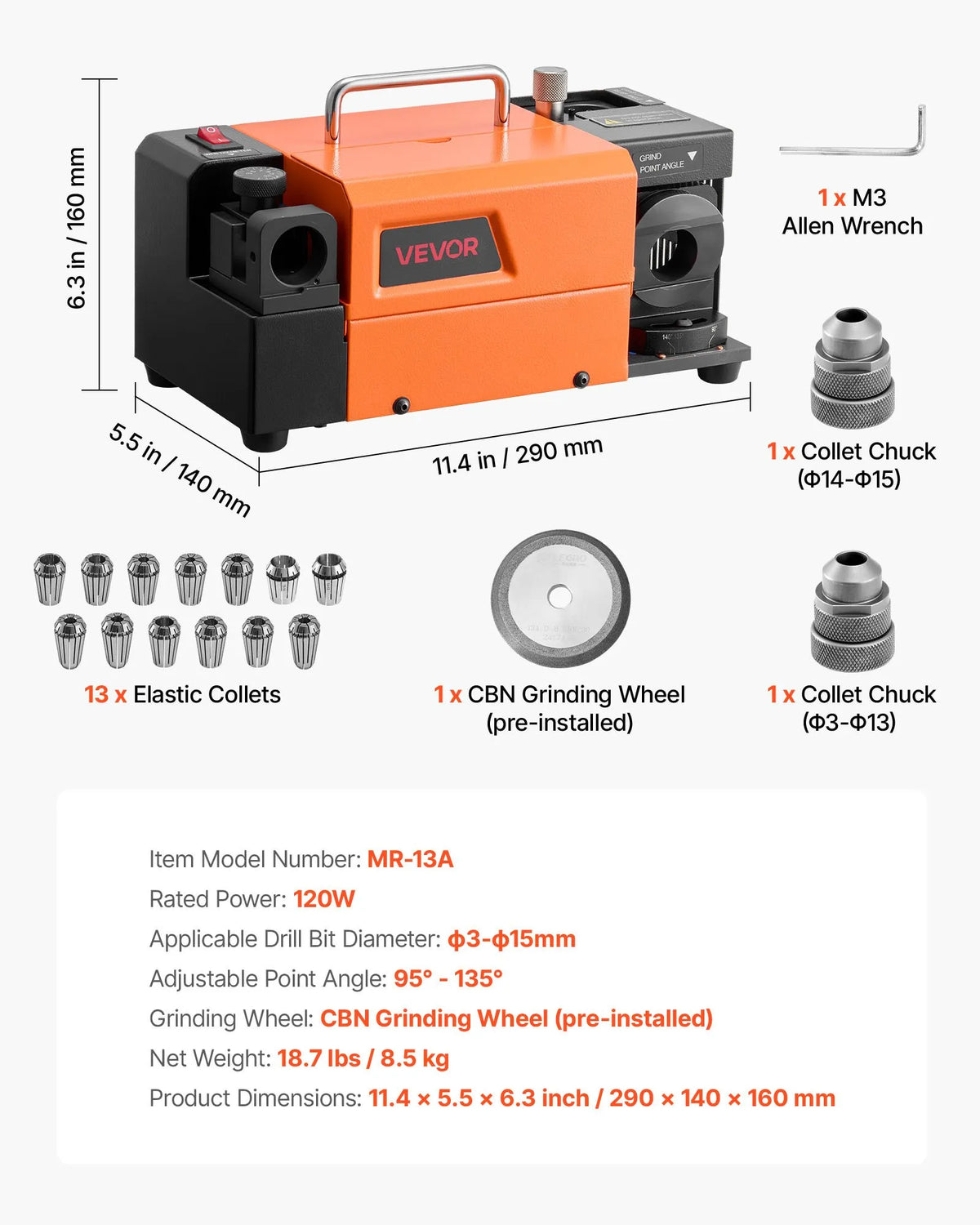 VEVOR Drill Sharpener MR-13A, 3–15 mm Drill Grinding Machine with Adjustable 95°–135° Point Angle, 4600 RPM High-Performance Sharpening Machine with 13 Chucks and CBN Grinding Wheels for Workshops and Garages