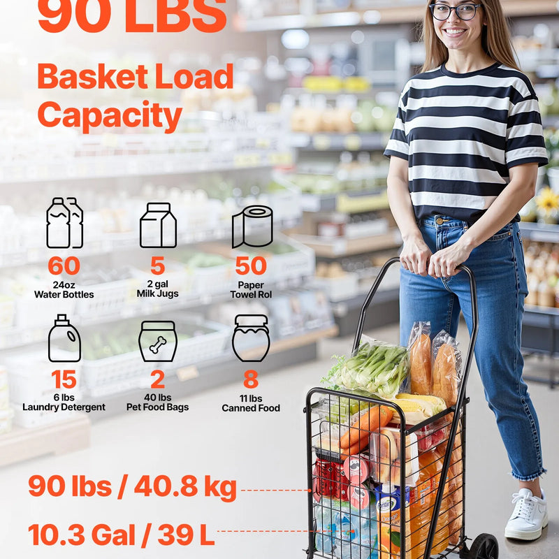 VEVOR iepirkumu ratiņi, salokāmi pārtikas un sadzīves ratiņi ar grozāmiem riteņiem, 40,8 kg liela celtspēja, pastiprinātas konstrukcijas ripojošs veļas grozs ratiņu formā veļai, iepirkumiem, kempingam, pārtikai un bagāžai, melnā krāsā