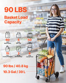 VEVOR iepirkumu ratiņi, salokāmi pārtikas un sadzīves ratiņi ar grozāmiem riteņiem, 40,8 kg liela celtspēja, pastiprinātas konstrukcijas ripojošs veļas grozs ratiņu formā veļai, iepirkumiem, kempingam, pārtikai un bagāžai, melnā krāsā