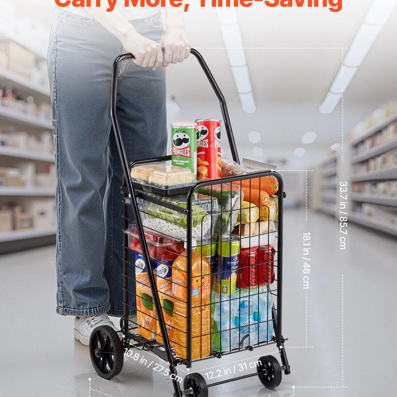 VEVOR iepirkumu ratiņi, salokāmi pārtikas un sadzīves ratiņi ar grozāmiem riteņiem, 40,8 kg liela celtspēja, pastiprinātas konstrukcijas ripojošs veļas grozs ratiņu formā veļai, iepirkumiem, kempingam, pārtikai un bagāžai, melnā krāsā