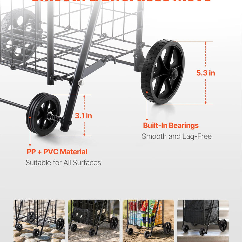 VEVOR iepirkumu ratiņi, salokāmi pārtikas un sadzīves ratiņi ar grozāmiem riteņiem, 40,8 kg liela celtspēja, pastiprinātas konstrukcijas ripojošs veļas grozs ratiņu formā veļai, iepirkumiem, kempingam, pārtikai un bagāžai, melnā krāsā