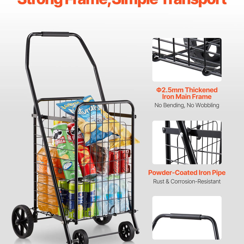 VEVOR iepirkumu ratiņi, salokāmi pārtikas un sadzīves ratiņi ar grozāmiem riteņiem, 40,8 kg liela celtspēja, pastiprinātas konstrukcijas ripojošs veļas grozs ratiņu formā veļai, iepirkumiem, kempingam, pārtikai un bagāžai, melnā krāsā